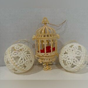 Vintage Christmas Ornaments Set – Sugared Plastic Balls & Birdcage